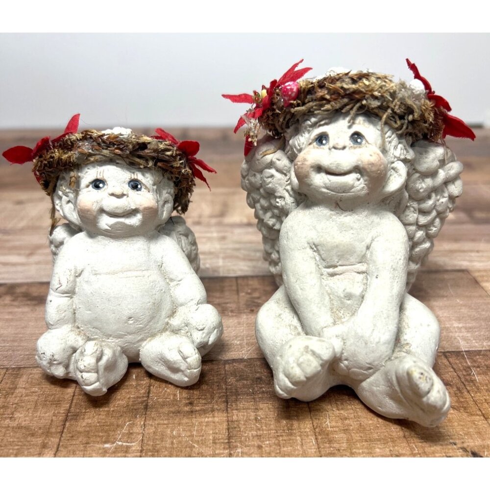Set Of 2 Cherubic Angel Figurines With Floral Crowns Handcrafted Rustic Home Dec